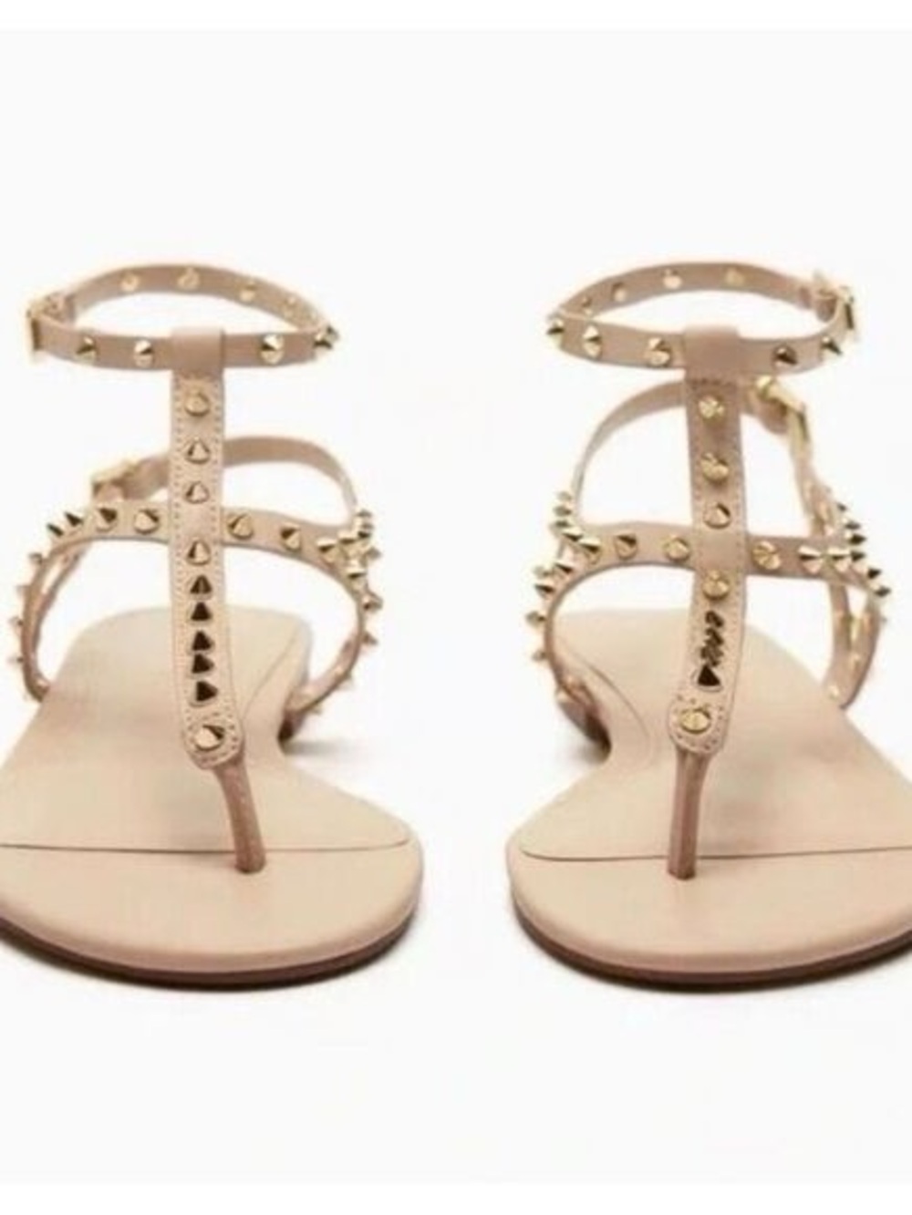 Zara Nude Studded T-Strap Sandals with Gold Accents